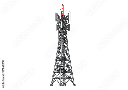 Telecommunication tower with antennas and equipment viewed from the front