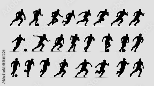 Collection of silhouettes depicting a soccer player in various poses and actions during a game