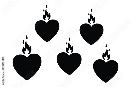 Flaming hearts vector silhouettes set