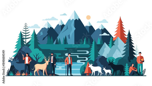 Serene Mountain Wilderness Scene with Diverse Wildlife and Adventurers in Nature
