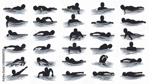 Collection of silhouettes of swimmers performing various strokes and poses in water with stylized waves