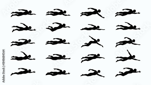 Dynamic silhouettes of a swimmer in various strokes and poses against a clean white background