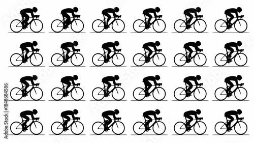 Seamless pattern of black silhouettes of cyclists in racing positions on white background