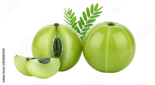 Fresh Indian gooseberries, amla, with slices and leaves on a transparent background