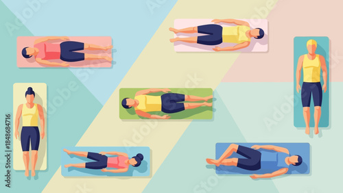 series of individuals practicing yoga poses on colorful mats in a serene environment