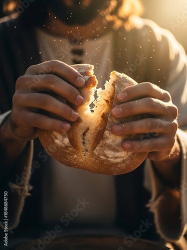Man breaking bread with hands in warm light during sunset  