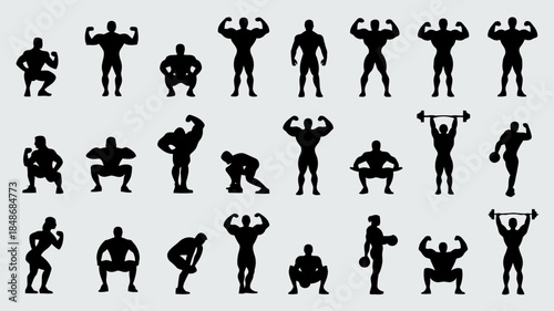 Collection of black silhouettes of muscular men and one woman in various bodybuilding poses and exercises on a light gray background