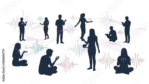 Silhouetted People Engaged with Digital Devices and Audio Waves in a Collaborative Environment