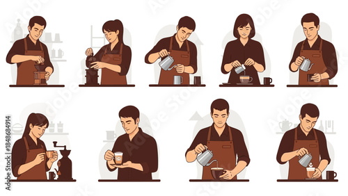 Step-by-step guide to preparing and pouring coffee in a modern cafe setting