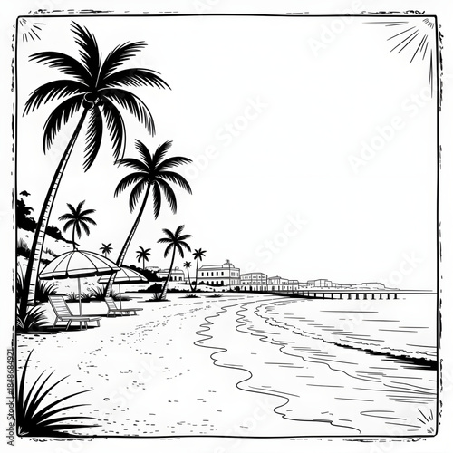 Ocean Shore Palm Beach Line Art Scene