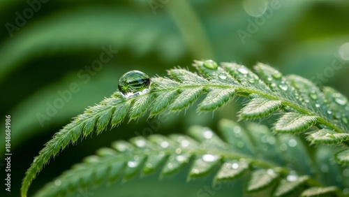 Macro photograph of a single dewdrop on a green leaf