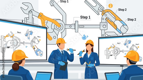 step-by-step industrial maintenance training for robotic arm assembly and troubleshooting process