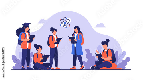 Students Engaged in Collaborative Learning with Digital Devices and Science Illustration