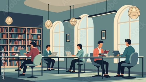 students studying and working on laptops in a modern library setting with large windows and