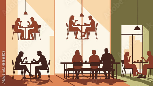 Stylized silhouettes of people engaging in conversations and dining in modern cafes with cozy