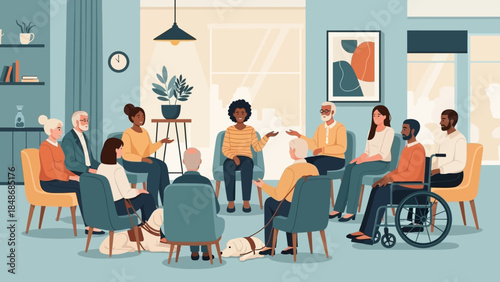 Supportive community gathering in a comfortable living room with diverse individuals engaging in