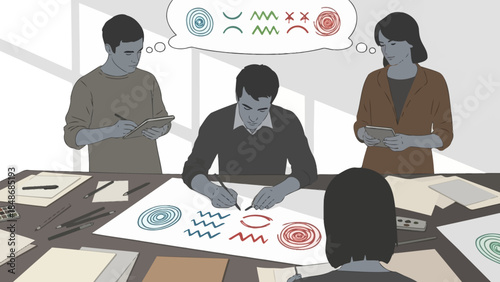 Team brainstorming session analyzing data patterns and assessing emotional responses in a