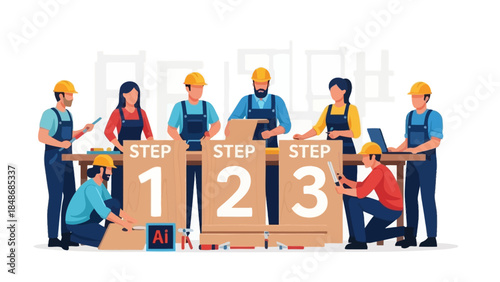 team of construction workers collaborating on a detailed step-by-step building project with modern