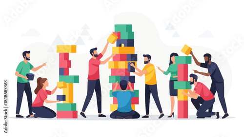 team of diverse individuals collaboratively building towering block structures for creative