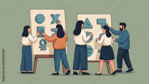 team of diverse individuals collaboratively engaging with geometric shapes on educational boards