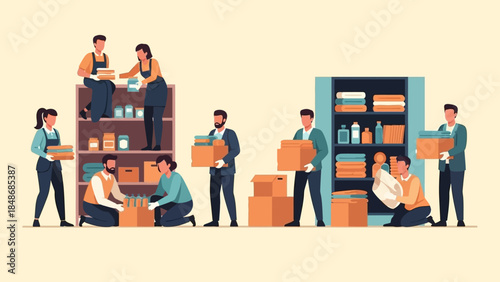 Team of diverse individuals organizing and packing supplies for efficient storage or distribution