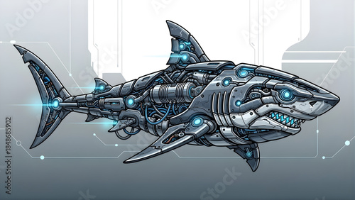 Striking vector artwork depicting a formidable futuristic robotic shark, engineered with intricate mechanical details and glowing accents, symbolizing cutting-edge marine technology