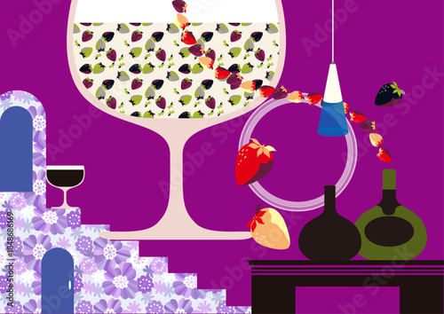 地下の部屋  苺のパターンとお酒のボトル