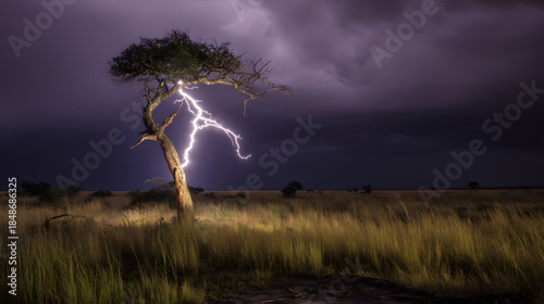 predictability. A solitary tree struck by lightning during a storm with dramatic sky. ESG reports, sustainability campaigns, designed for sustainability communications and ESG reporting.