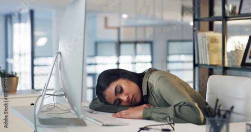 Cuadro en lienzo Tired, woman and sleeping at computer in office for editing burnout, article fatigue or low energy