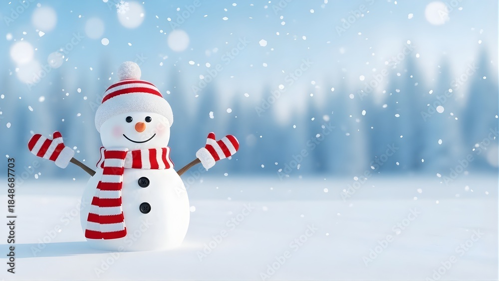 Fototapeta premium Cheerful three dimensional snowman wearing a red and white striped hat and scarf stands in falling snow