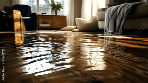 Water reflects home, flood damage.
