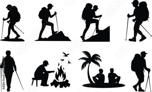 Adventure hiking silhouettes, backpackers camping trekking, isolated on white background, outdoor travel exploration, mountain lifestyle nature journey concept illustration collection