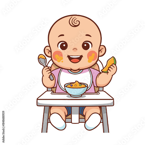 Baby life. Early childhood development. Cute infant activities. Little child playing, eating, Happy toddlers, small kid. Flat vector illustration isolated on a white background. 