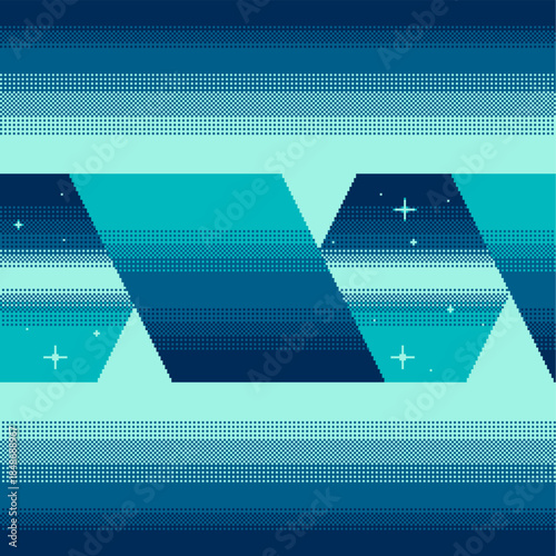 Light Beam with Abstract Space Ribbon on the Horizon, Dithered Gradient, Blue Hue Halftone Pixel art Styled Illustration
