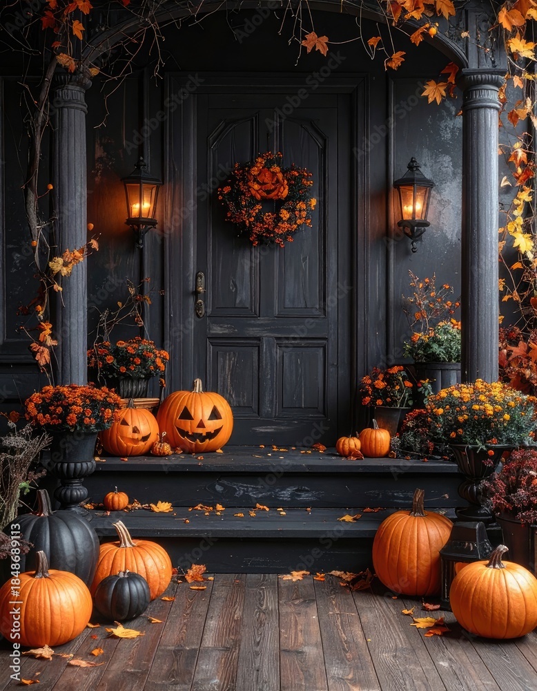 Obraz premium A dark and moody Halloween decorated front porch scene featuring carved and decorative pumpkins against a black wooden facade.