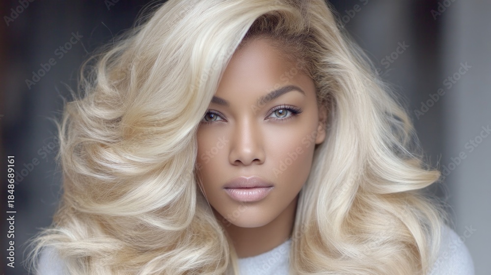 Fototapeta premium A striking figure exudes elegance with luxurious, voluminous blonde hair and flawless skin. The soft light accentuates the subtle beauty, creating a serene atmosphere that draws attention