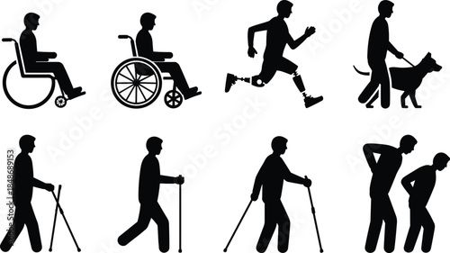 Disability silhouettes people mobility aids wheelchair prosthetic leg walking cane dog assistance isolated on white background health inclusion concept