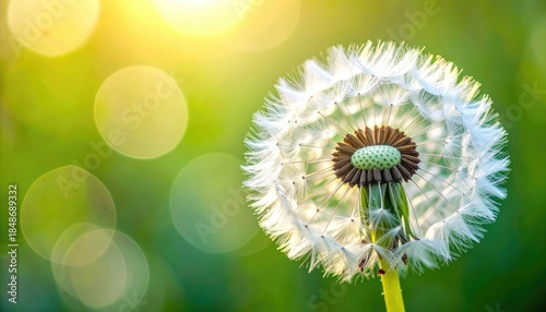 A close-up of a dandelion seed head illuminated by bright sunlight with a green, bokeh background.
