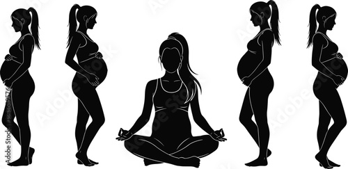 Pregnant woman silhouettes maternity poses yoga meditation isolated on white background pregnancy wellness motherhood health fitness calm lifestyle concept