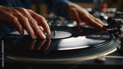 Medium shot of a quality control specialist handling vinyl records manually checking for warping and surface defects