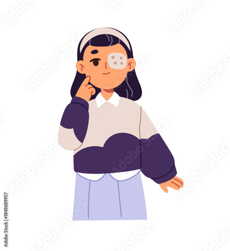 Cute kid with lazy eye pointing with finger. Happy child with amblyopia patch hand gesturing. Little girl with strabismus, vision disease, seeing problems. Flat isolated vector illustration on white