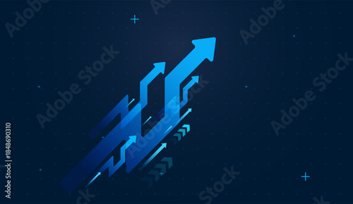 Multiple bright blue arrows surge diagonally upward, symbolizing digital-era growth in finance and business. Group Of Dynamic Arrows Created for digital technology concepts