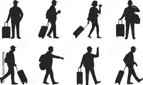 Travelers silhouettes men women walking with luggage isolated on white background airport journey tourism lifestyle concept travel vacation business mobility