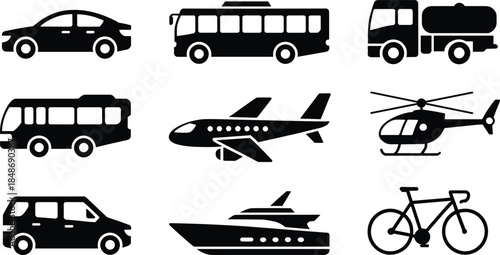 Transportation icons silhouettes set vehicles car bus truck airplane helicopter bicycle yacht isolated on white background travel mobility transport concept