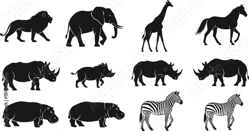 Wild animal silhouettes collection including lion elephant giraffe zebra rhinoceros hippo, African wildlife set isolated on white background