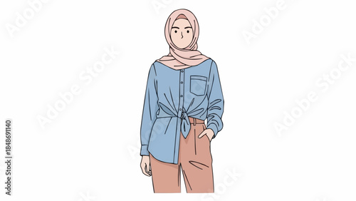Young Muslim Woman Wearing Modern Hijab and Stylish Outfit.