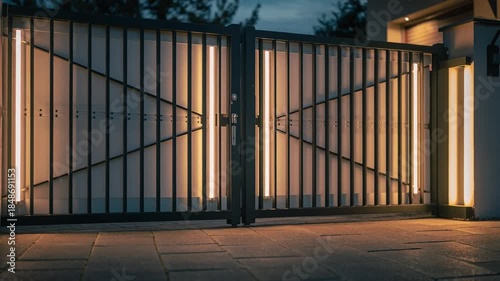 Warm modern entrance gate lighting, centered dolly-in shot of a contemporary security gate with vertical glowing light bars and a modern architectural design.