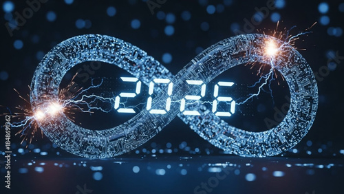 Glowing digital infinity symbol with sparkling electric discharges and the year 2026 in futuristic neon light on dark background