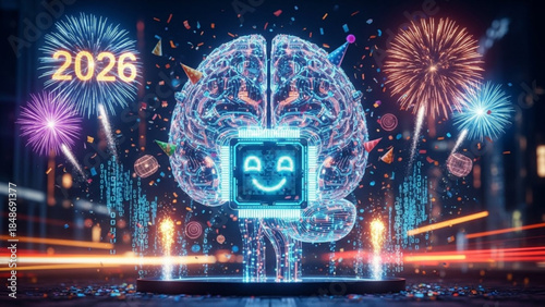 Glowing blue robotic brain with smiley face celebrates 2026 new year with vibrant fireworks and neon lights in futuristic cityscape