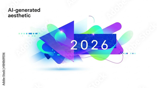 Vibrant ai generated aesthetic graphic illustration with colorful shapes and 2026 text on white background for futuristic designs